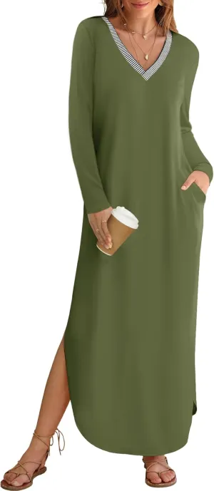 MEROKEETY Women's 2024 Fall Long Sleeve Maxi Dress V Neck Trendy Split Loose Casual Pockets Dresses