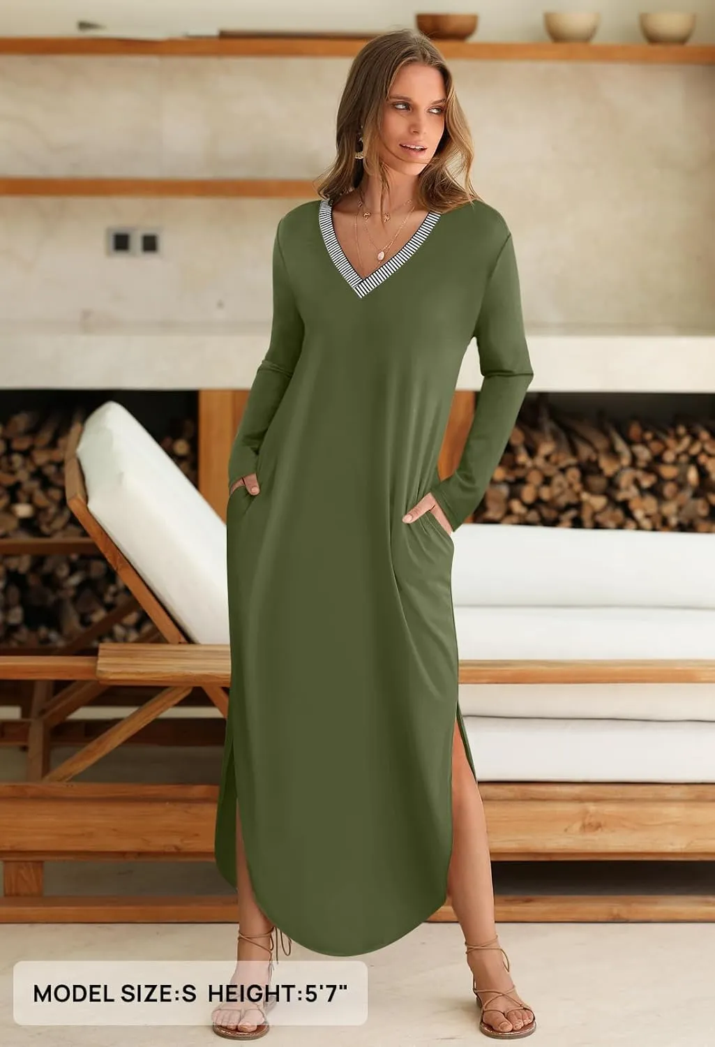 MEROKEETY Women's 2024 Fall Long Sleeve Maxi Dress V Neck Trendy Split Loose Casual Pockets Dresses