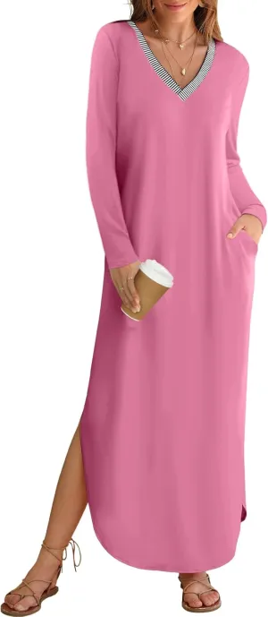 MEROKEETY Women's 2024 Fall Long Sleeve Maxi Dress V Neck Trendy Split Loose Casual Pockets Dresses