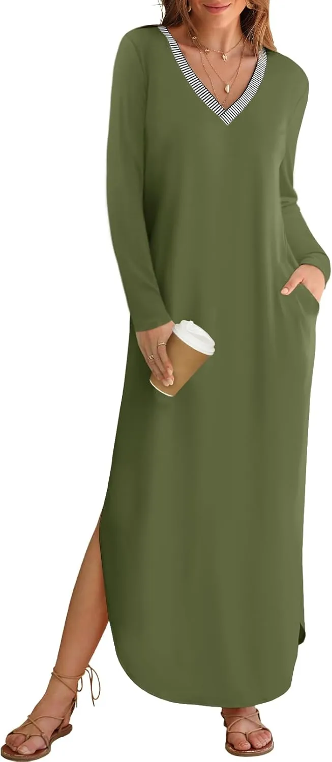 MEROKEETY Women's 2024 Fall Long Sleeve Maxi Dress V Neck Trendy Split Loose Casual Pockets Dresses