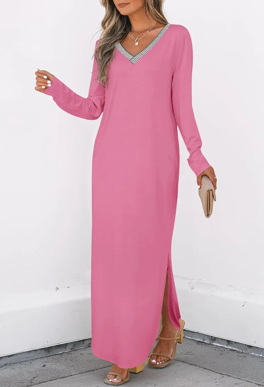 MEROKEETY Women's 2024 Fall Long Sleeve Maxi Dress V Neck Trendy Split Loose Casual Pockets Dresses