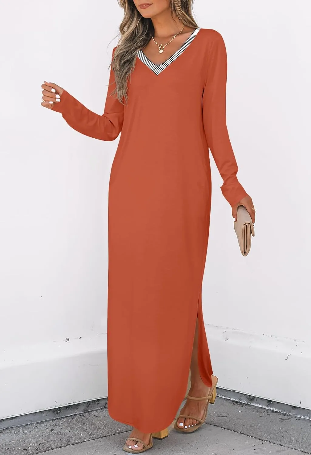MEROKEETY Women's 2024 Fall Long Sleeve Maxi Dress V Neck Trendy Split Loose Casual Pockets Dresses