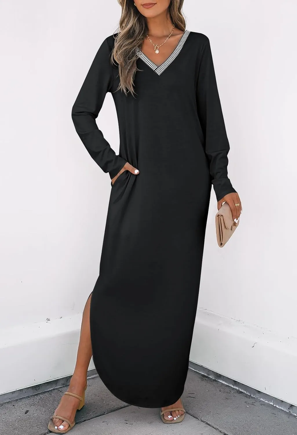 MEROKEETY Women's 2024 Fall Long Sleeve Maxi Dress V Neck Trendy Split Loose Casual Pockets Dresses