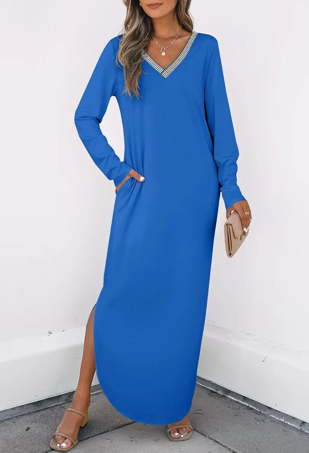 MEROKEETY Women's 2024 Fall Long Sleeve Maxi Dress V Neck Trendy Split Loose Casual Pockets Dresses