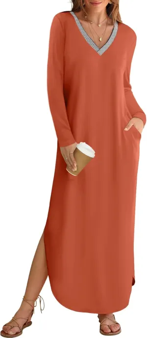 MEROKEETY Women's 2024 Fall Long Sleeve Maxi Dress V Neck Trendy Split Loose Casual Pockets Dresses