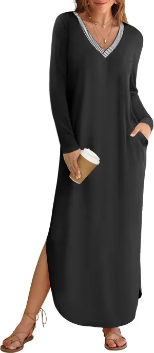 MEROKEETY Women's 2024 Fall Long Sleeve Maxi Dress V Neck Trendy Split Loose Casual Pockets Dresses