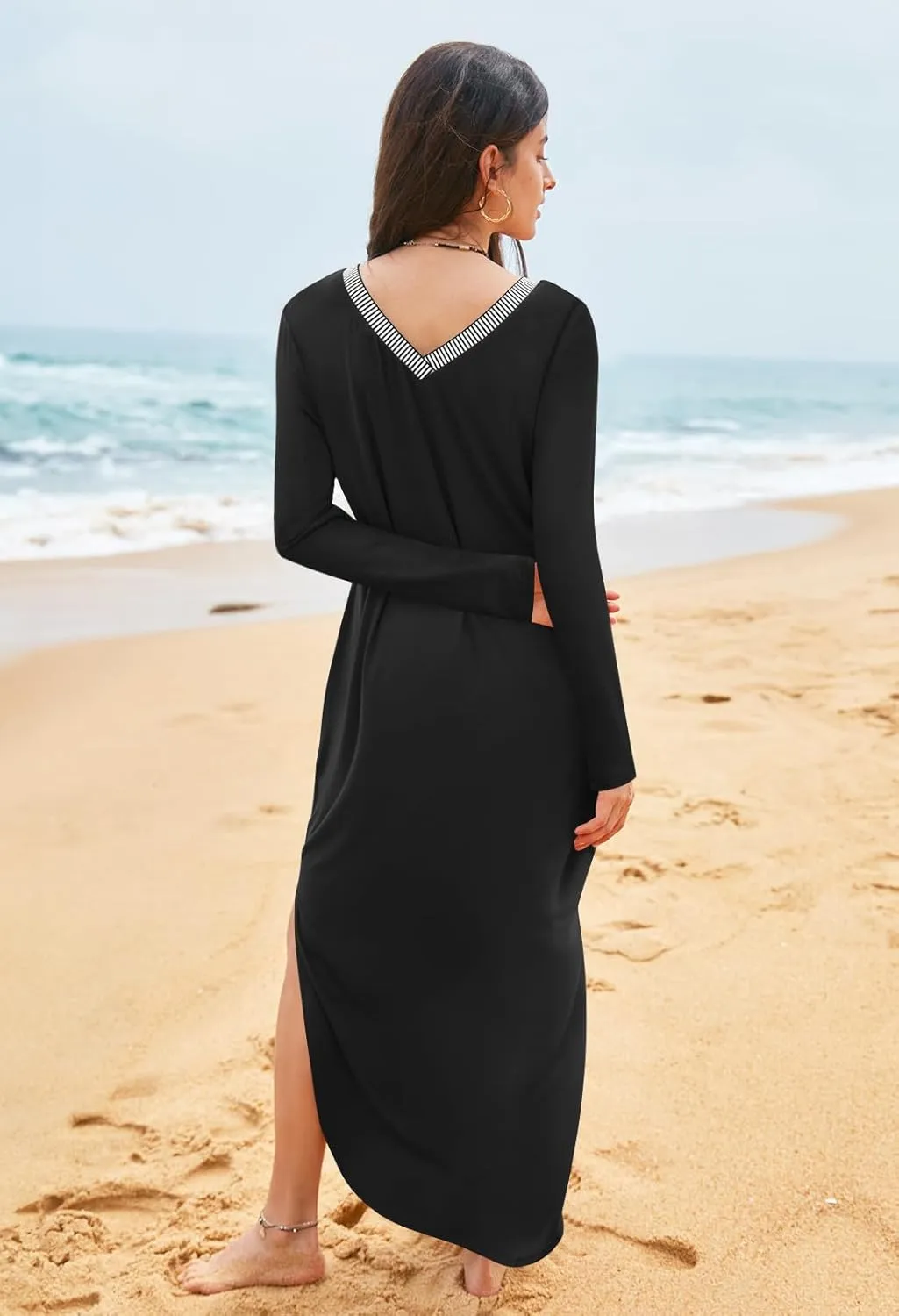 MEROKEETY Women's 2024 Fall Long Sleeve Maxi Dress V Neck Trendy Split Loose Casual Pockets Dresses