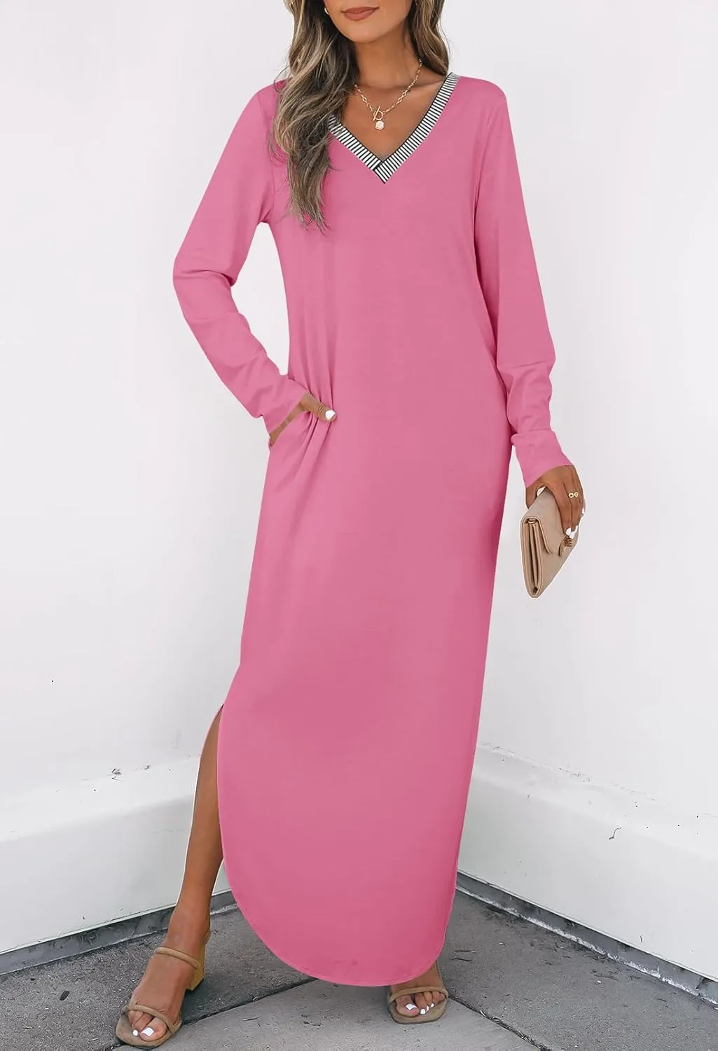 MEROKEETY Women's 2024 Fall Long Sleeve Maxi Dress V Neck Trendy Split Loose Casual Pockets Dresses