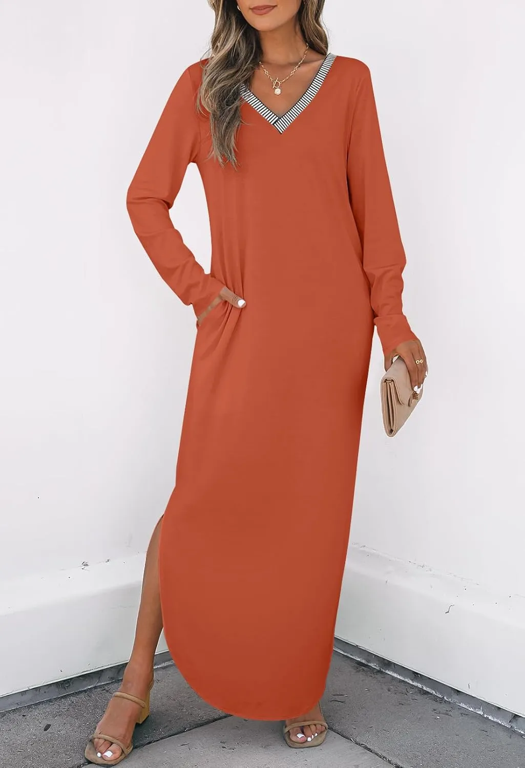 MEROKEETY Women's 2024 Fall Long Sleeve Maxi Dress V Neck Trendy Split Loose Casual Pockets Dresses