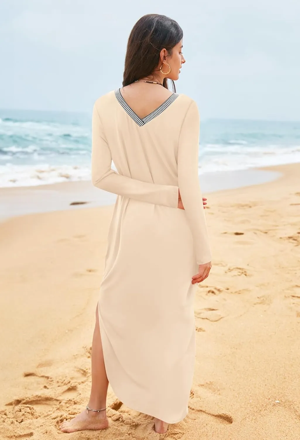 MEROKEETY Women's 2024 Fall Long Sleeve Maxi Dress V Neck Trendy Split Loose Casual Pockets Dresses