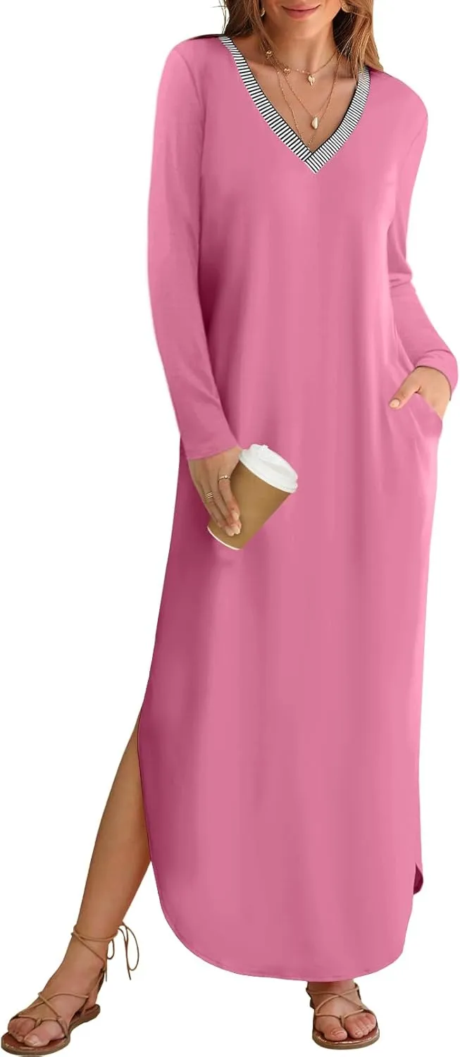 MEROKEETY Women's 2024 Fall Long Sleeve Maxi Dress V Neck Trendy Split Loose Casual Pockets Dresses