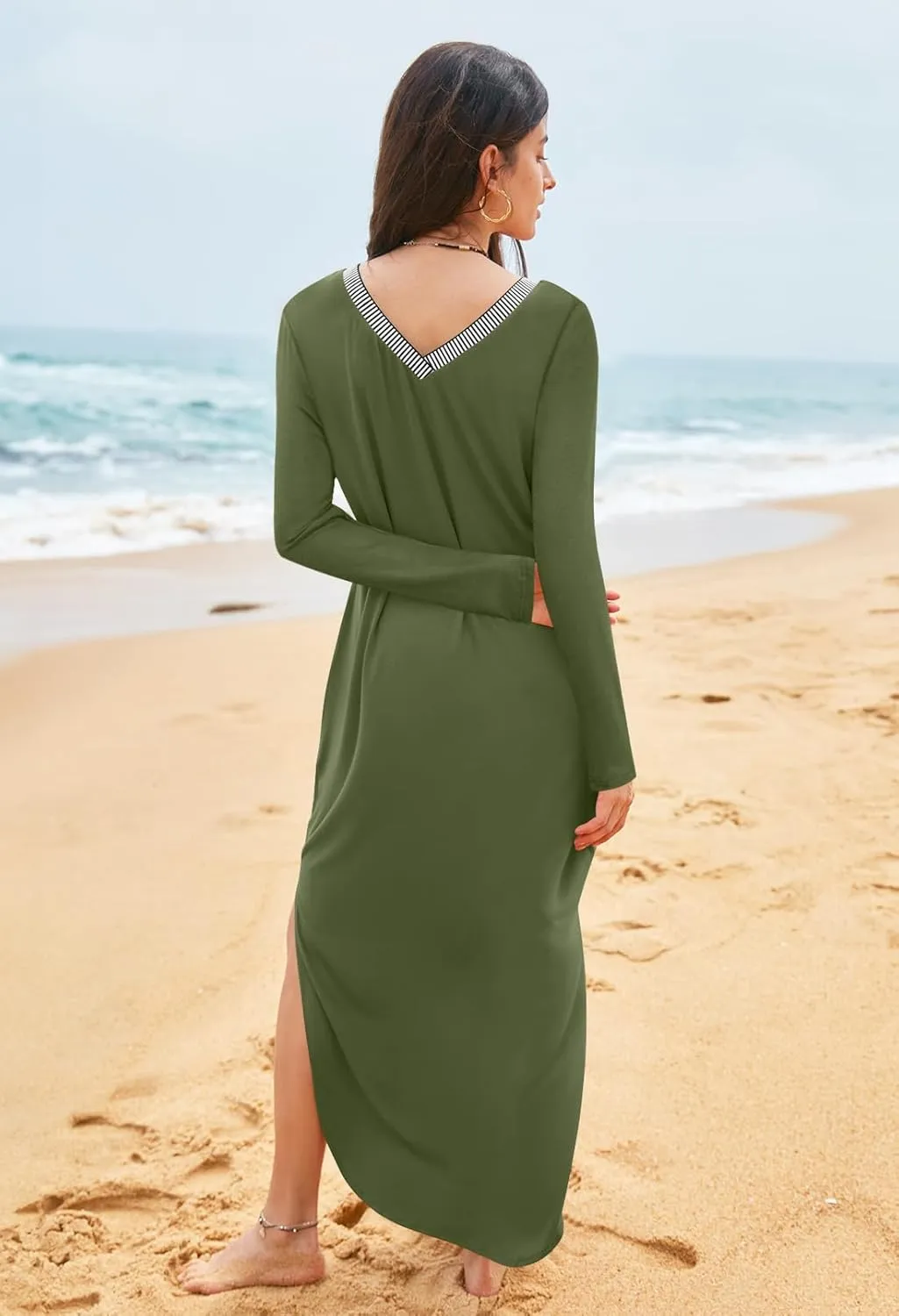 MEROKEETY Women's 2024 Fall Long Sleeve Maxi Dress V Neck Trendy Split Loose Casual Pockets Dresses