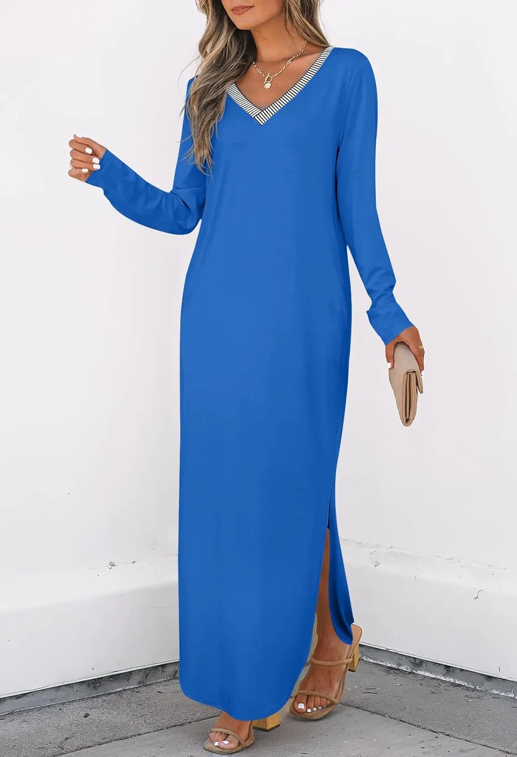 MEROKEETY Women's 2024 Fall Long Sleeve Maxi Dress V Neck Trendy Split Loose Casual Pockets Dresses