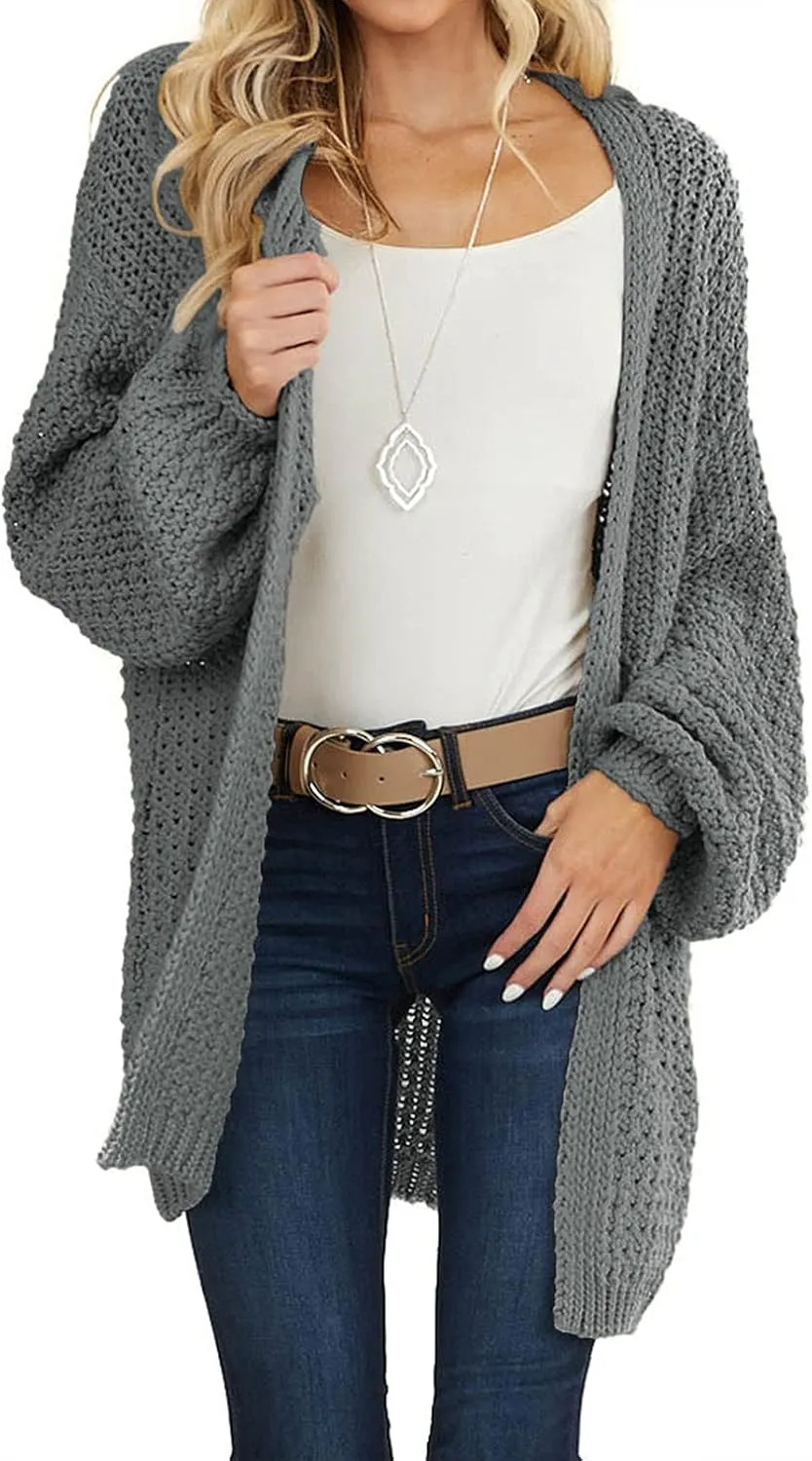 MEROKEETY Women's 2024 Fall Open Front Chunky Knit Sweater Oversized Lantern Sleeve Cardigan Outwear