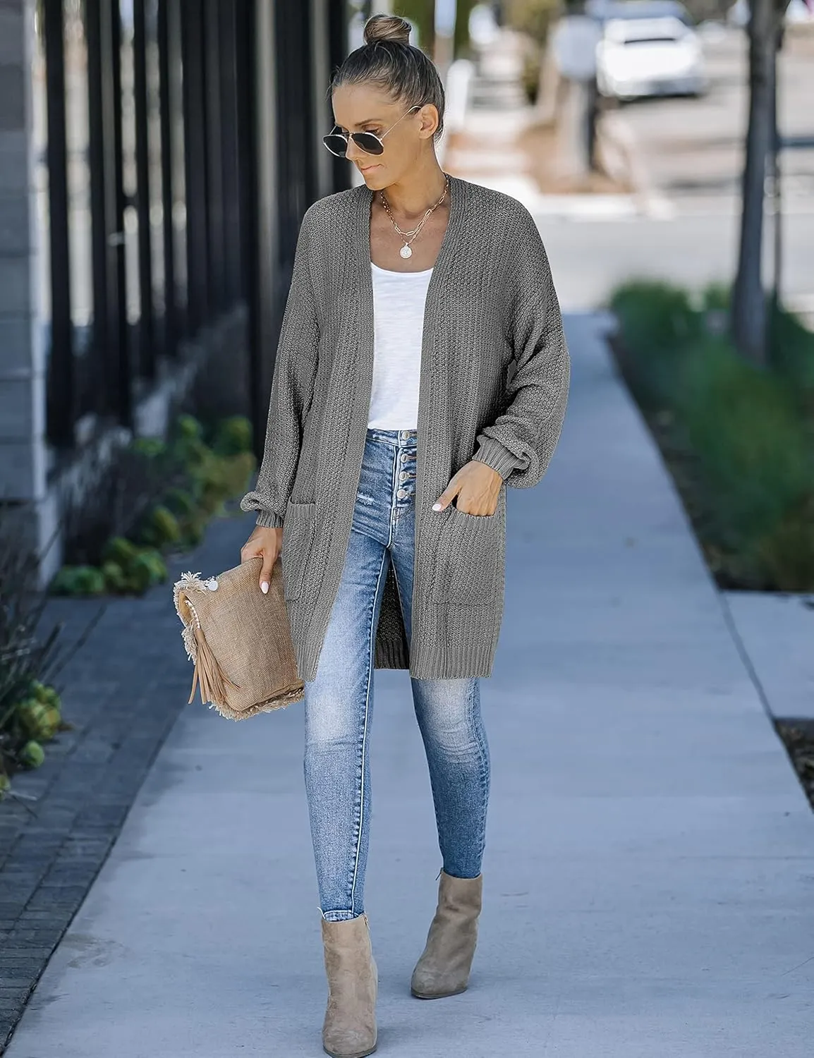 MEROKEETY Women's 2024 Fall Open Front Chunky Knit Sweater Oversized Lantern Sleeve Cardigan Outwear