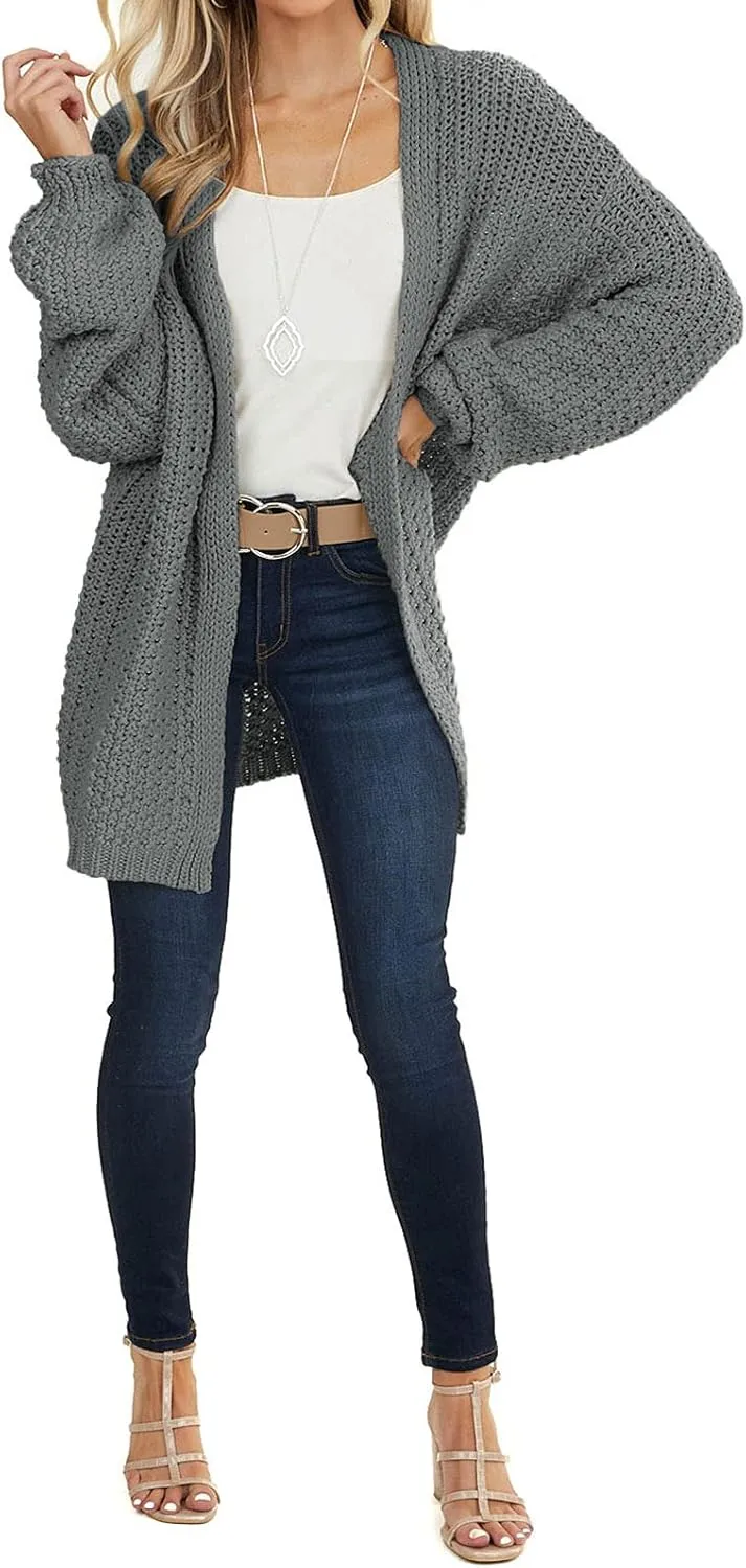 MEROKEETY Women's 2024 Fall Open Front Chunky Knit Sweater Oversized Lantern Sleeve Cardigan Outwear