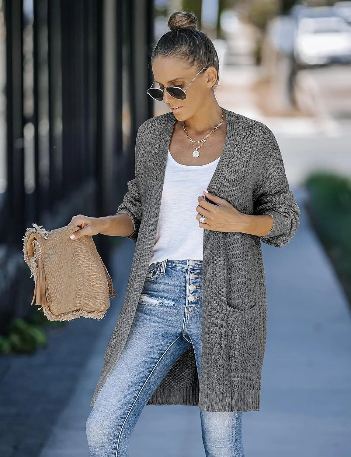 MEROKEETY Women's 2024 Fall Open Front Chunky Knit Sweater Oversized Lantern Sleeve Cardigan Outwear