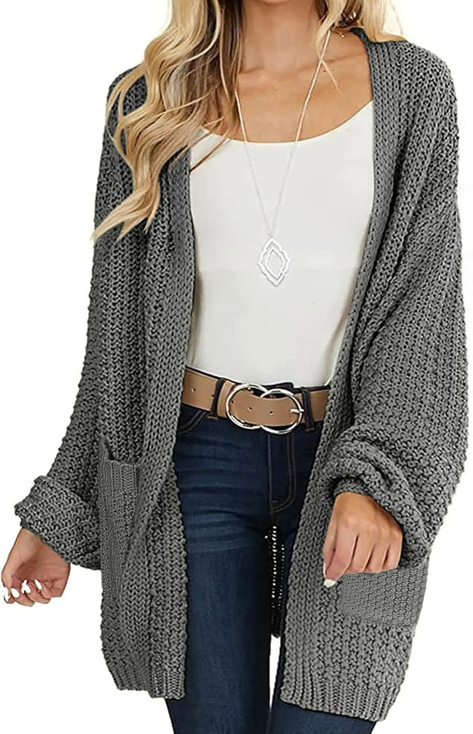 MEROKEETY Women's 2024 Fall Open Front Chunky Knit Sweater Oversized Lantern Sleeve Cardigan Outwear