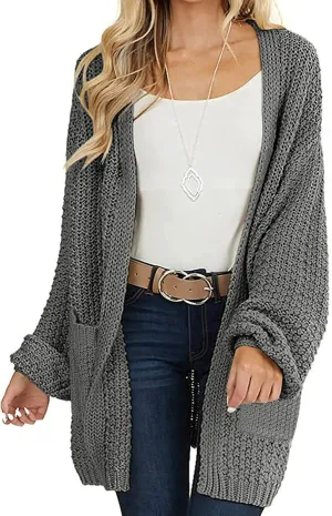 MEROKEETY Women's 2024 Fall Open Front Chunky Knit Sweater Oversized Lantern Sleeve Cardigan Outwear
