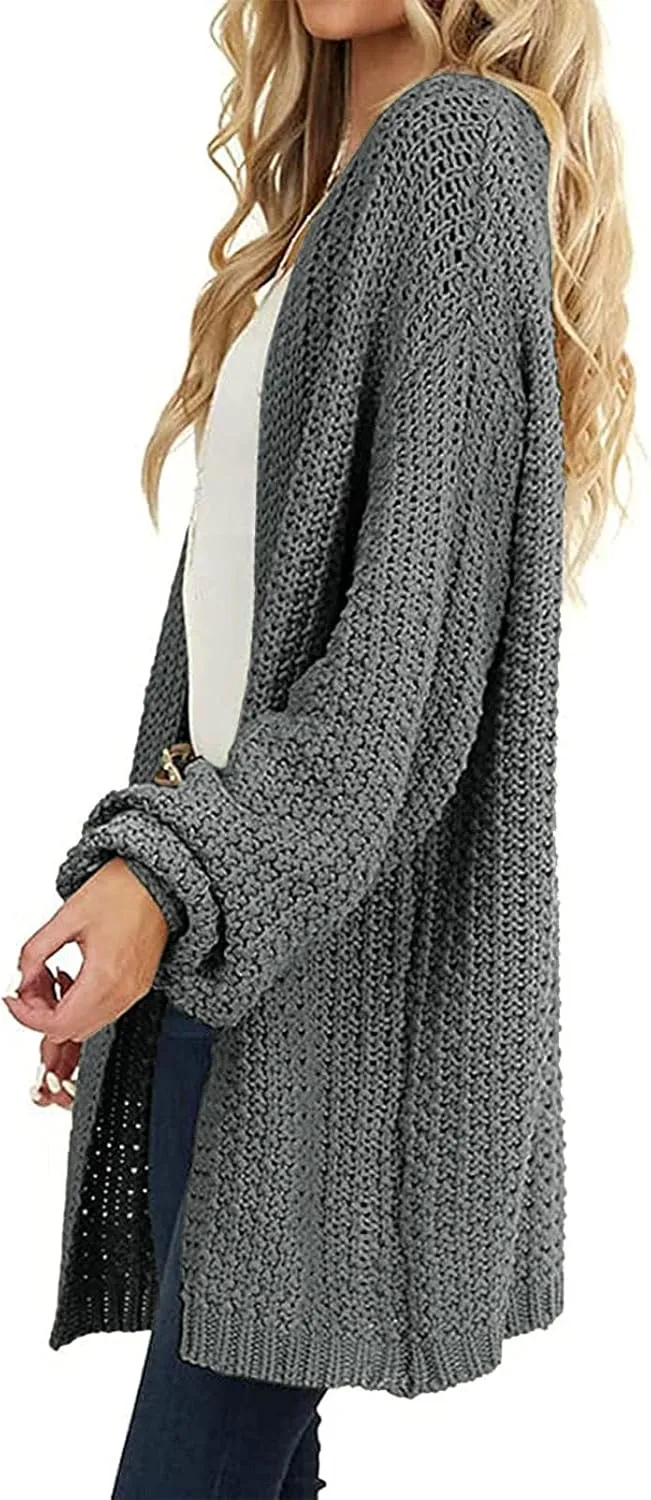 MEROKEETY Women's 2024 Fall Open Front Chunky Knit Sweater Oversized Lantern Sleeve Cardigan Outwear