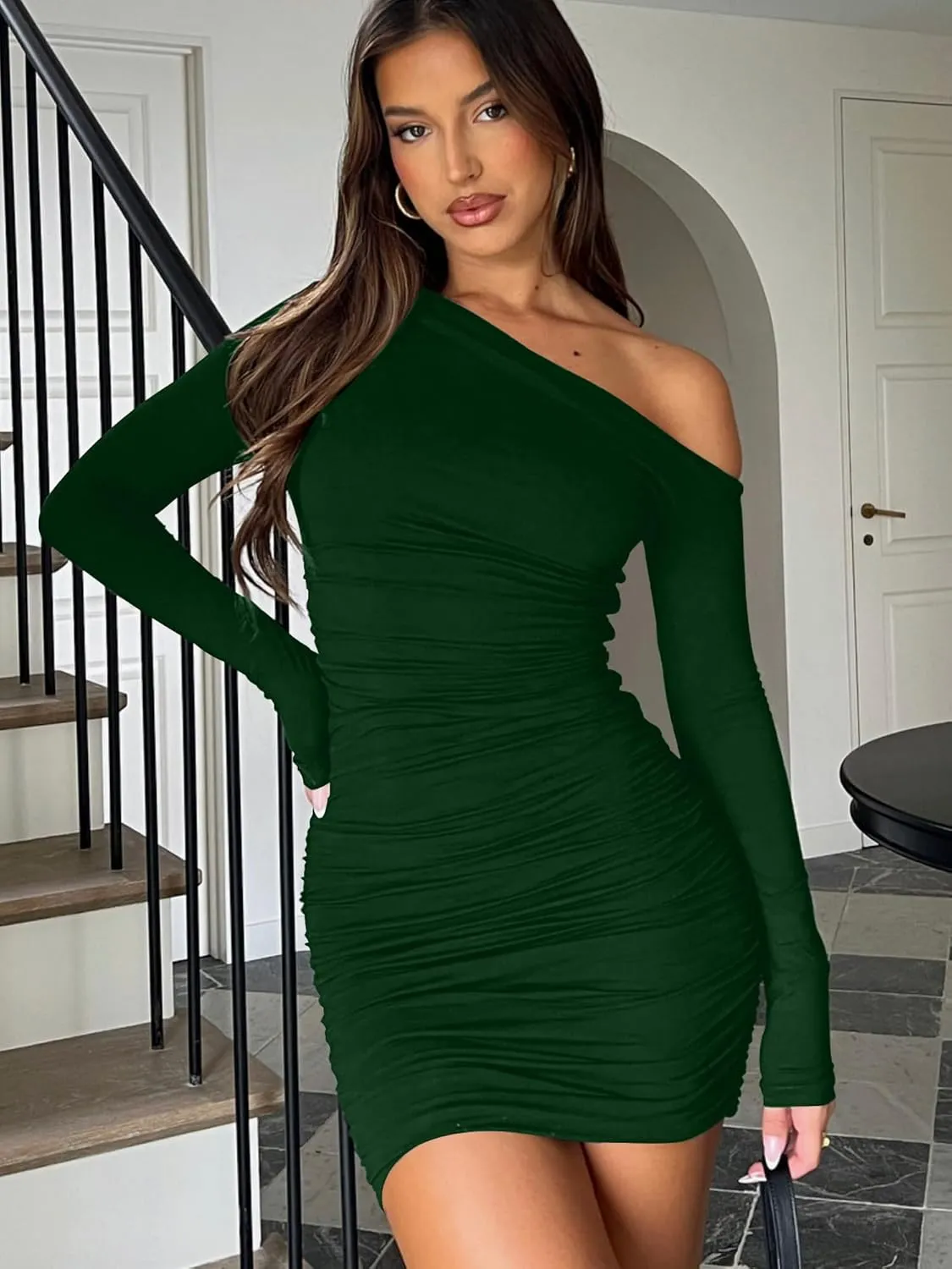 Mokoru Women's Sexy Elegant Off Shoulder Long Sleeve Ruched Bodycon Cocktail Party Mini Dresses
