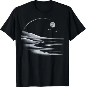 Moon Landscape Scenic Horizon Beach Ocean Waves Birds Tees T-Shirt