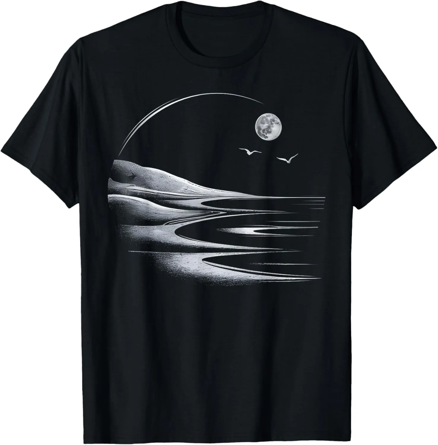Moon Landscape Scenic Horizon Beach Ocean Waves Birds Tees T-Shirt