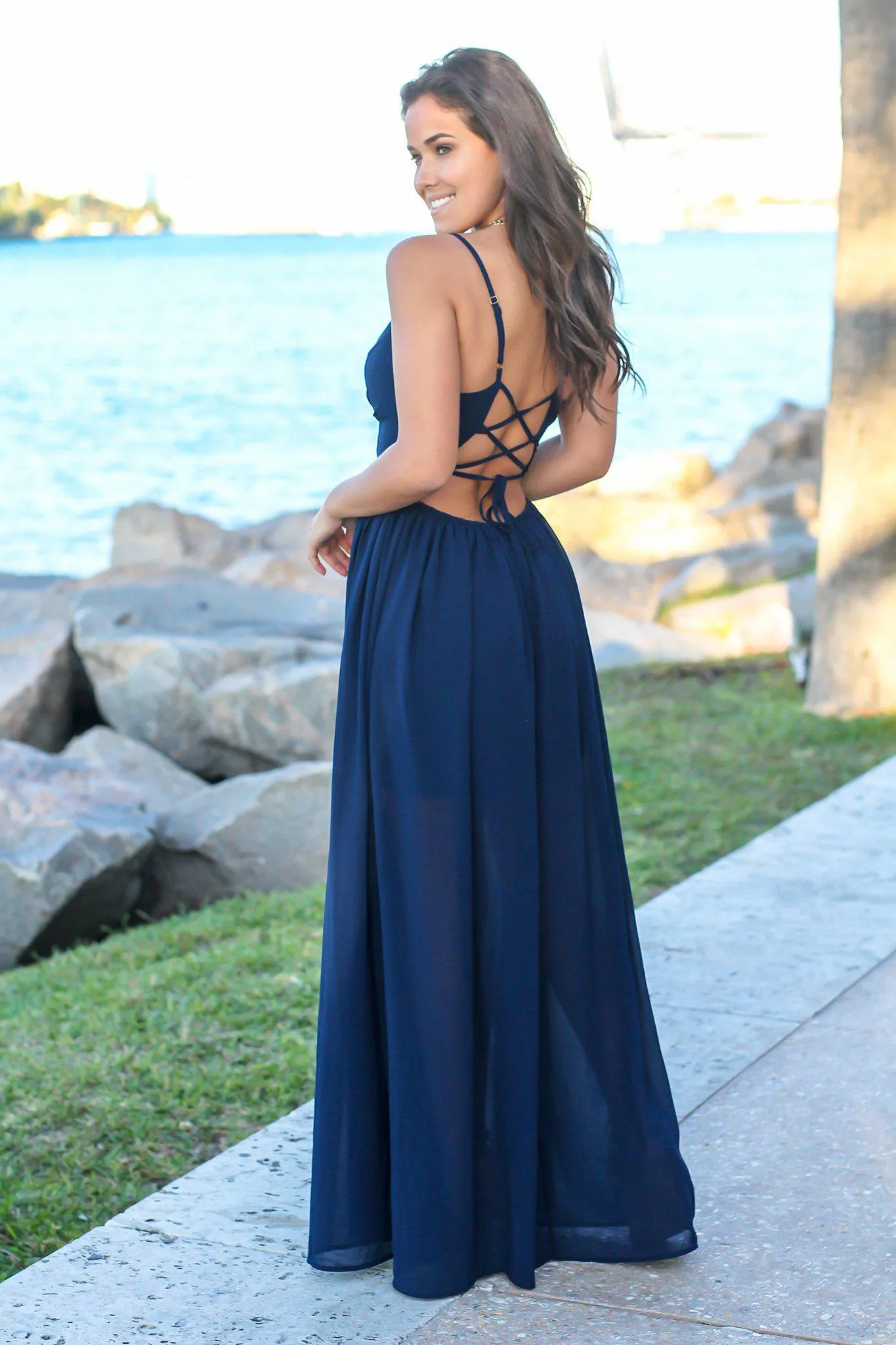 Navy Maxi Dress with Pleated Top and Lace Up Back