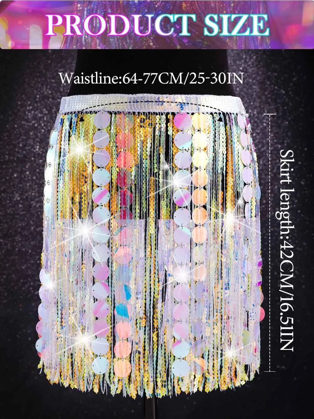 Nicute Sparkly Sequin Skirt Fringe Belly Skirt Hip Scarf Festival Dance Skirt Costume for Women