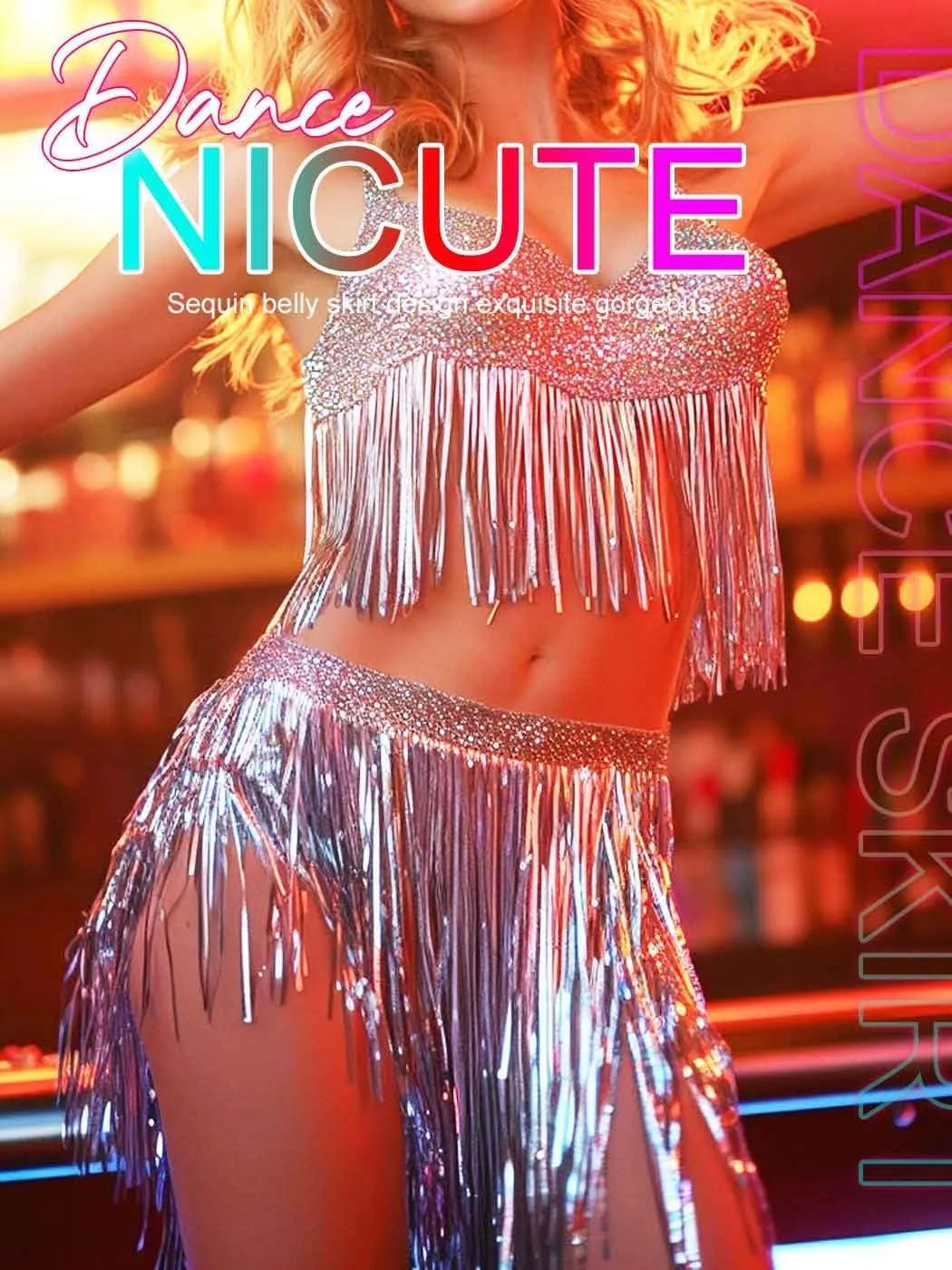Nicute Sparkly Sequin Skirt Fringe Belly Skirt Hip Scarf Festival Dance Skirt Costume for Women