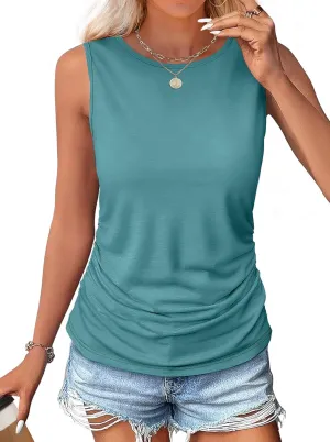 OFEEFAN Womens Ruched Tank Tops Crewneck Casual Summer Tops Basic Sleeveless Shirts