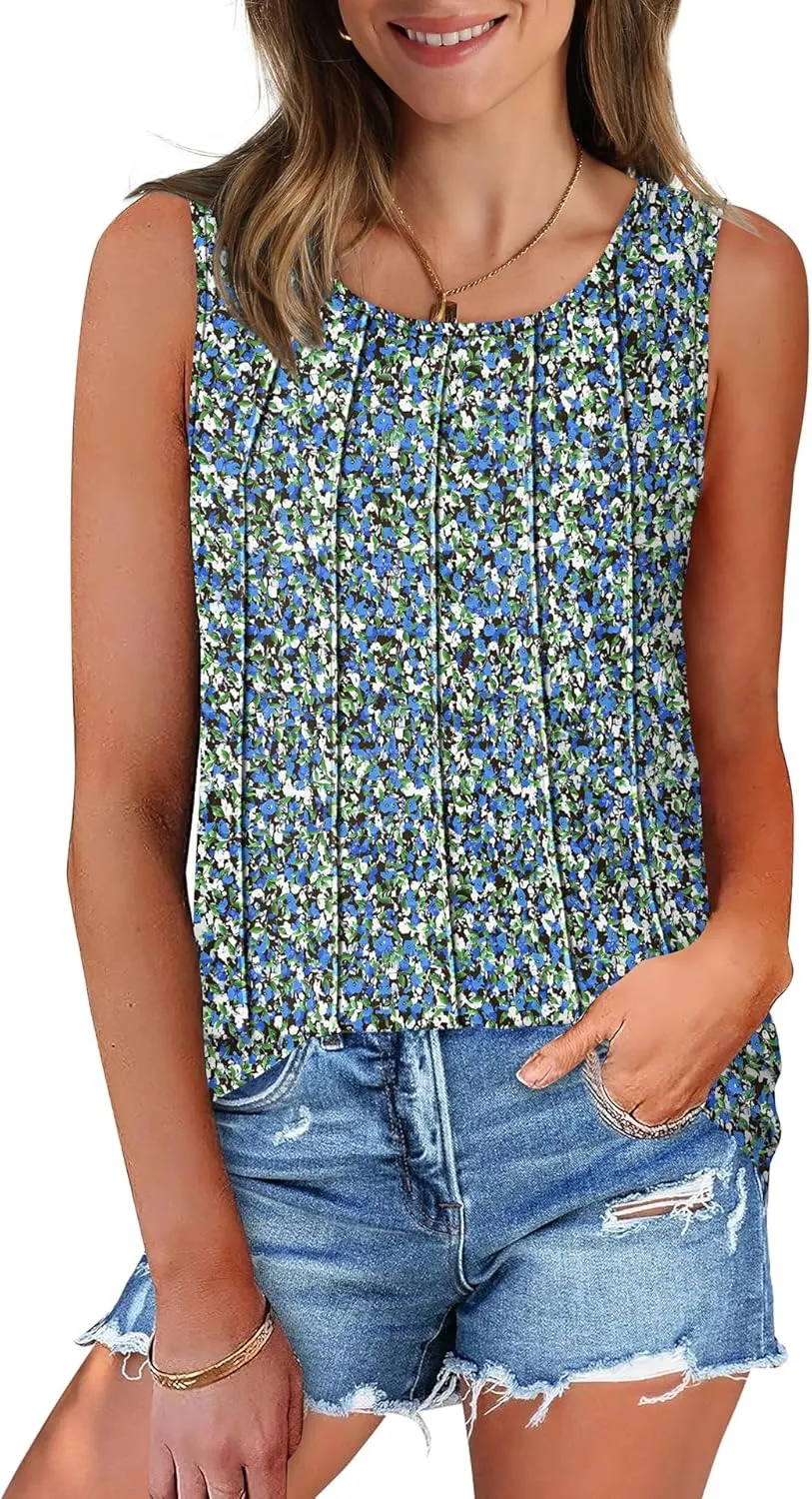 OFEEFAN Womens Tank Tops Pleated Scoop Neck Sleeveless Tops Casual Flowy 2025