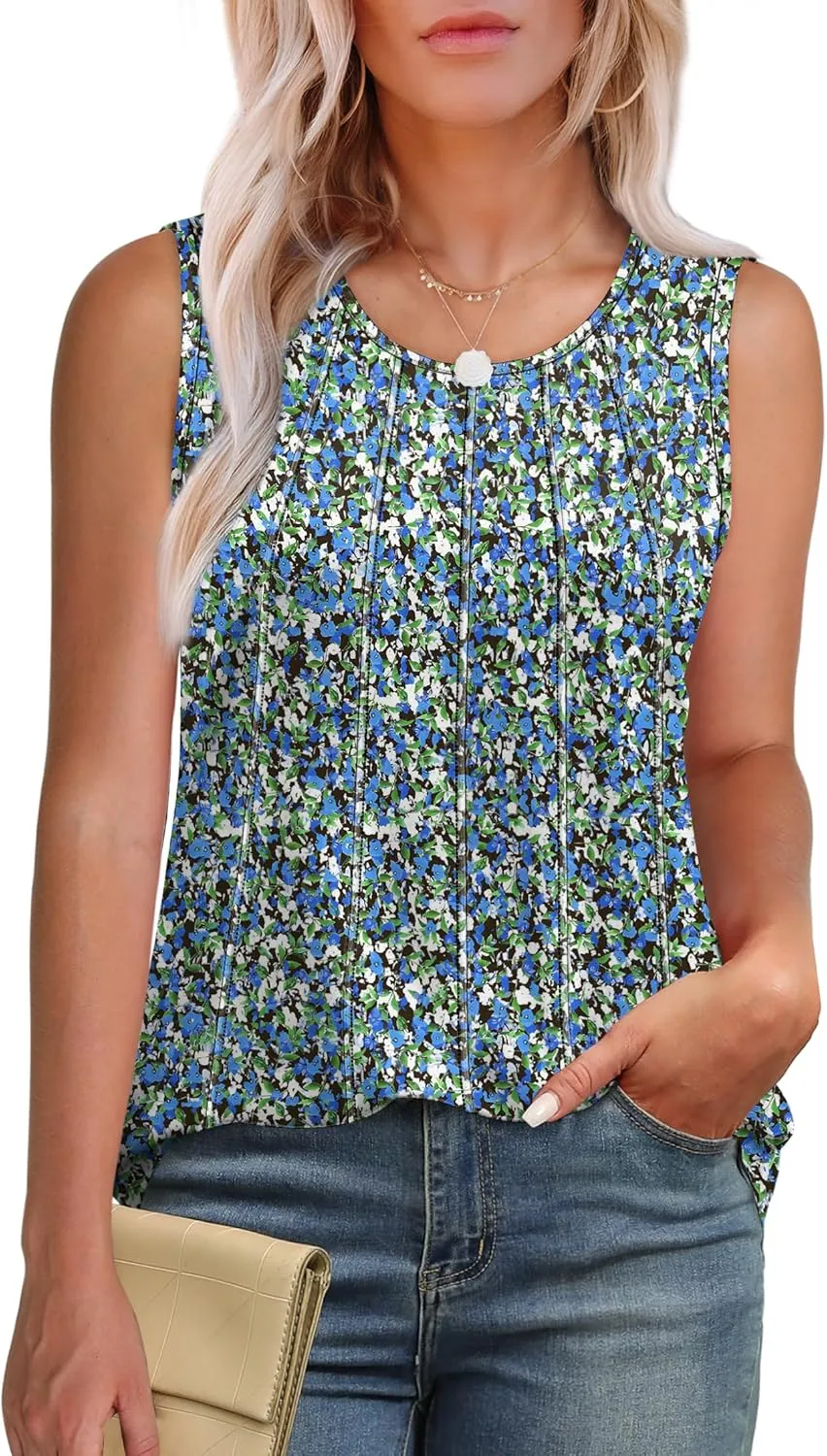 OFEEFAN Womens Tank Tops Pleated Scoop Neck Sleeveless Tops Casual Flowy 2025
