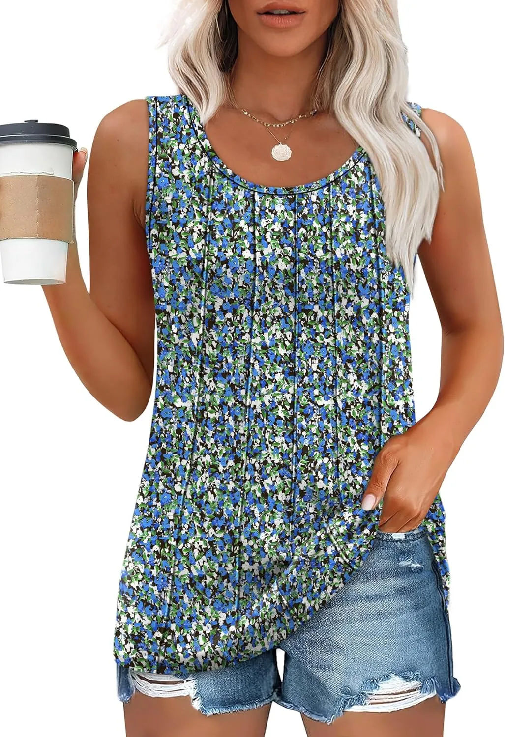 OFEEFAN Womens Tank Tops Pleated Scoop Neck Sleeveless Tops Casual Flowy 2025