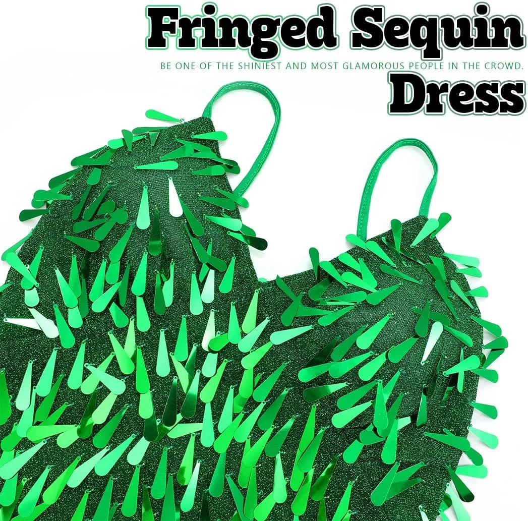 REETAN Latin Dance Dress Fringe Sequin Costume for Women
