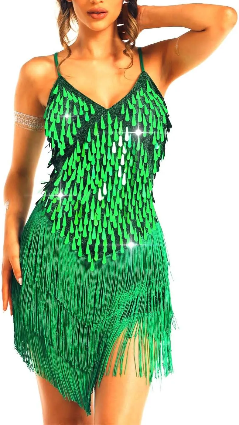 REETAN Latin Dance Dress Fringe Sequin Costume for Women