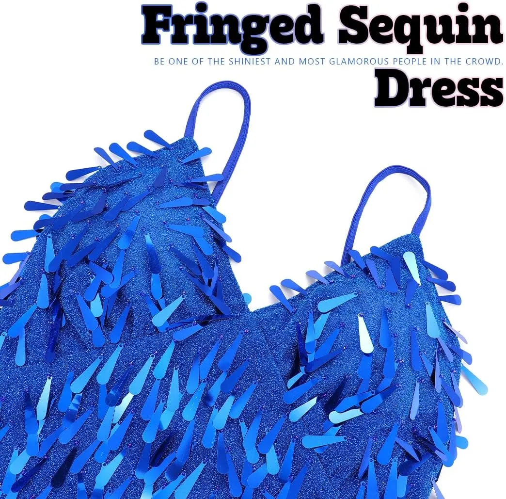 REETAN Latin Dance Dress Fringe Sequin Costume for Women