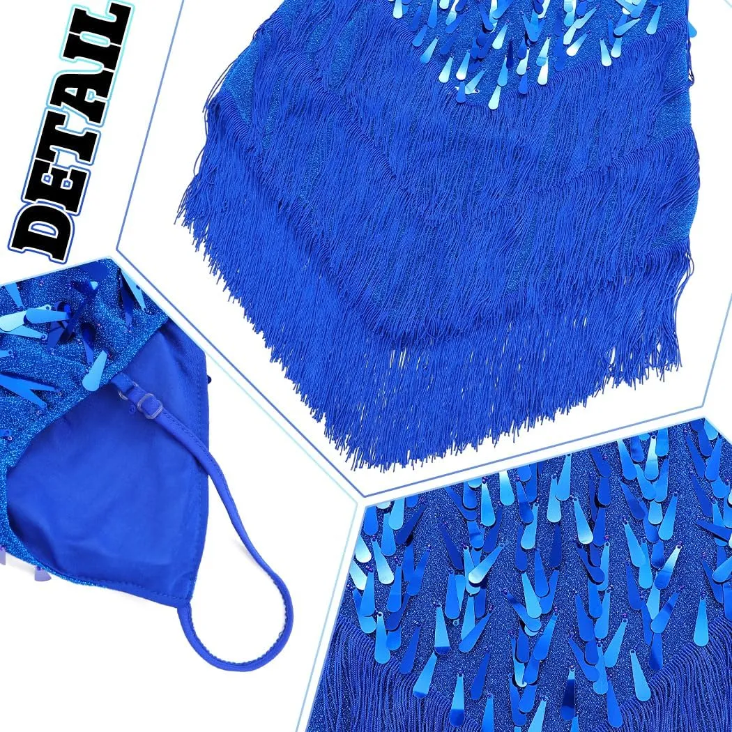 REETAN Latin Dance Dress Fringe Sequin Costume for Women