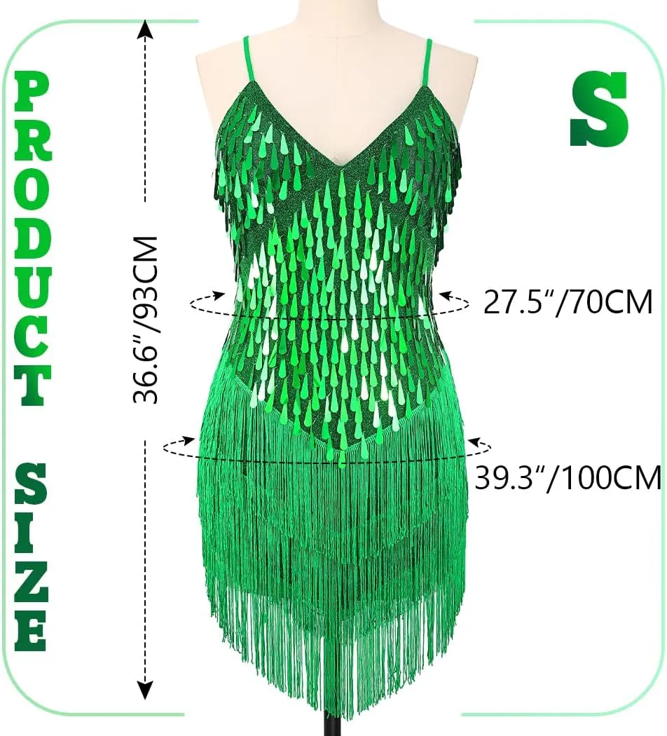 REETAN Latin Dance Dress Fringe Sequin Costume for Women