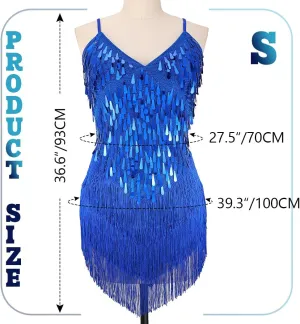 REETAN Latin Dance Dress Fringe Sequin Costume for Women