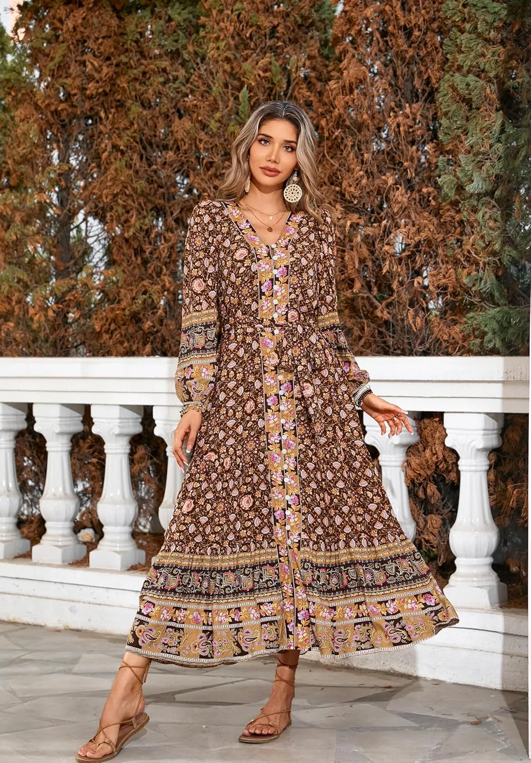 R.Vivimos Women's Long Sleeve Boho Midi Dress V Neck Floral Print Casual Button Down Loose Ruffle Beach Long Dress with Belt