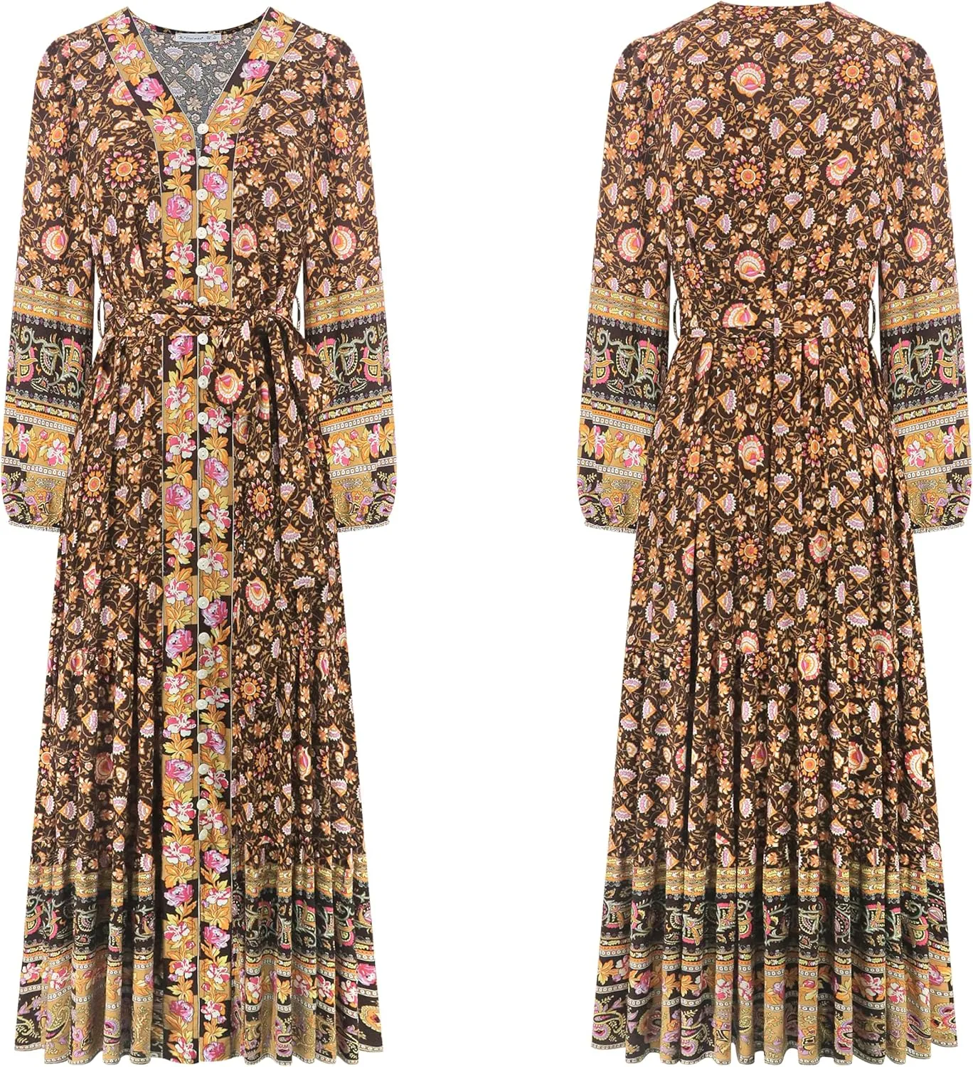 R.Vivimos Women's Long Sleeve Boho Midi Dress V Neck Floral Print Casual Button Down Loose Ruffle Beach Long Dress with Belt