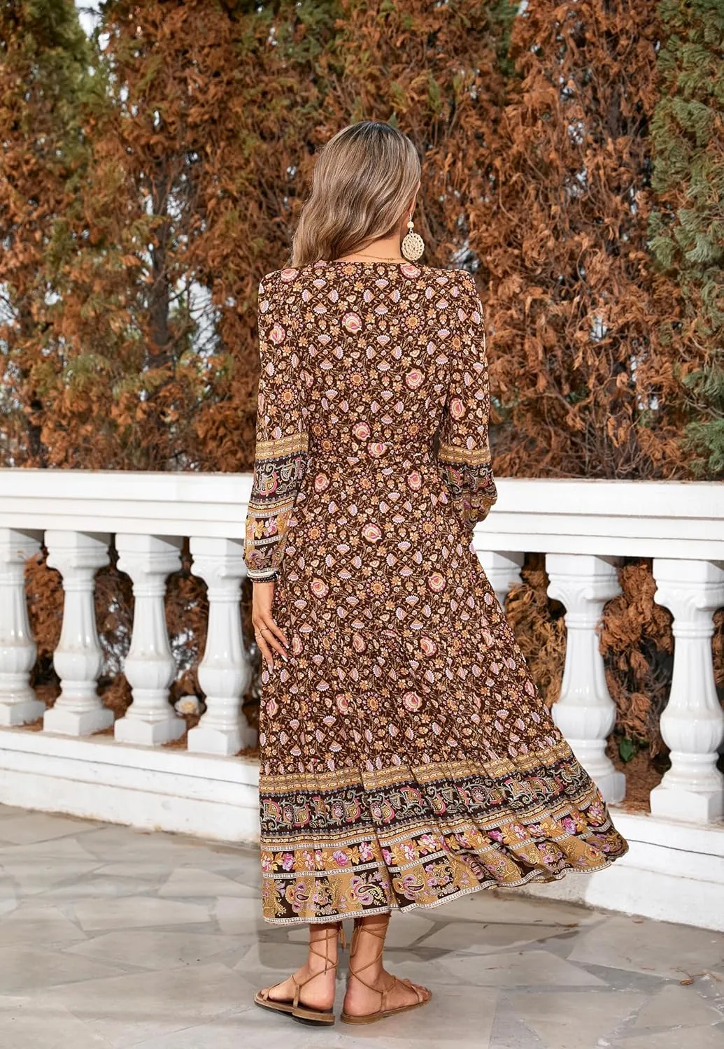 R.Vivimos Women's Long Sleeve Boho Midi Dress V Neck Floral Print Casual Button Down Loose Ruffle Beach Long Dress with Belt