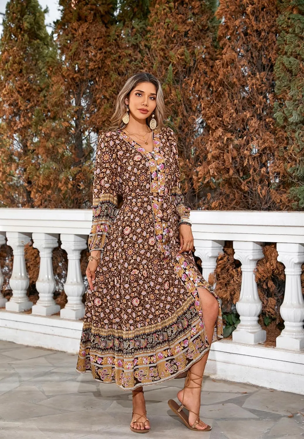 R.Vivimos Women's Long Sleeve Boho Midi Dress V Neck Floral Print Casual Button Down Loose Ruffle Beach Long Dress with Belt