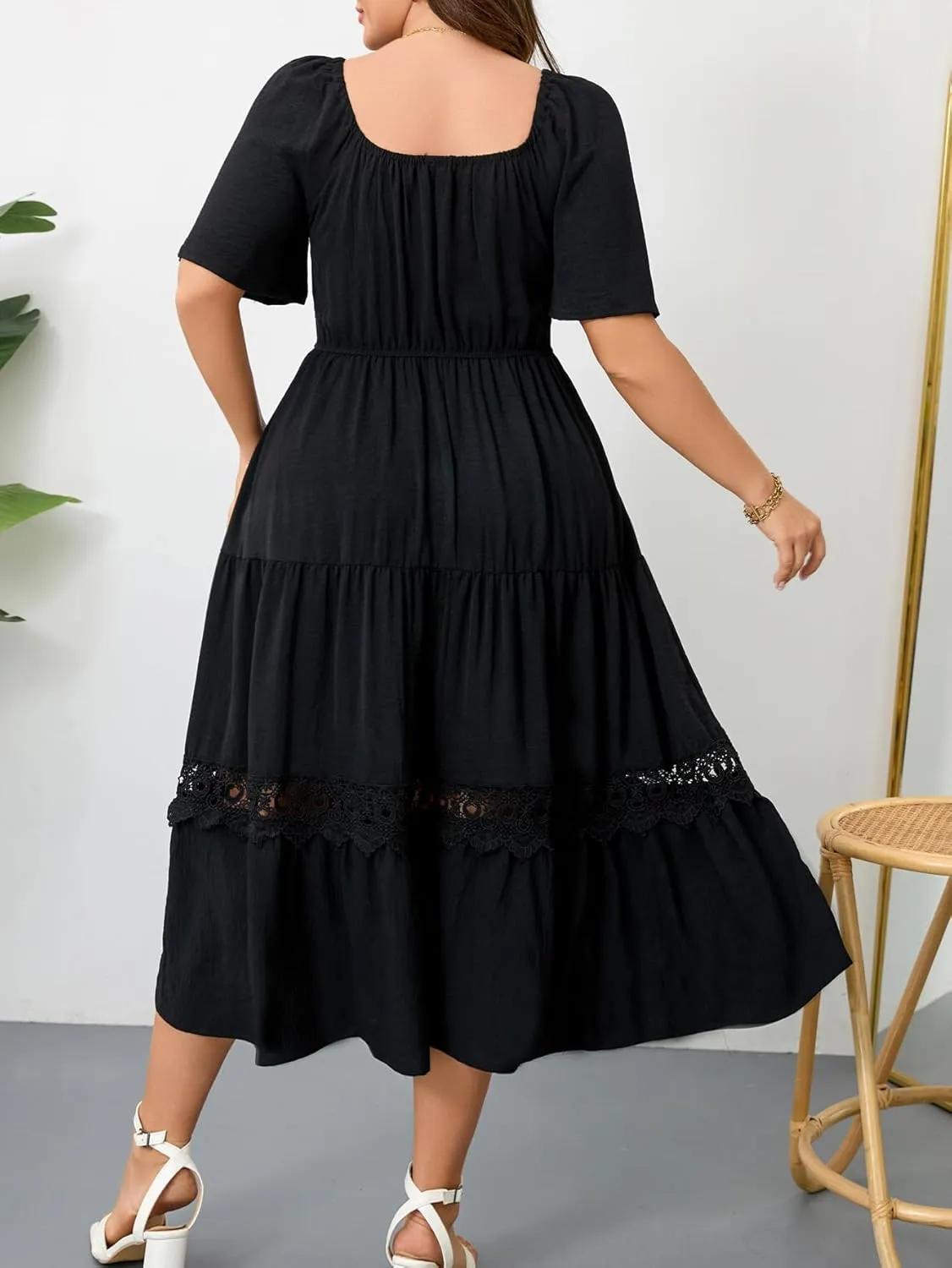 RWJ Women's Plus Size Maxi Dress Short Sleeve Square Neck Flowy A-Line Lace Trim Flutter Party Casual Off Shoulder Dresses