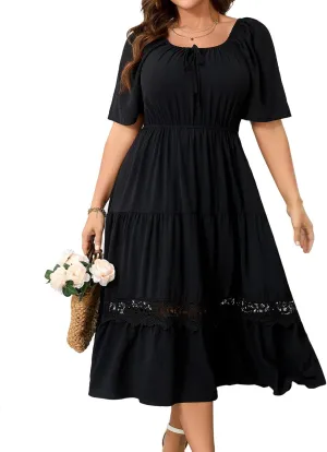 RWJ Women's Plus Size Maxi Dress Short Sleeve Square Neck Flowy A-Line Lace Trim Flutter Party Casual Off Shoulder Dresses