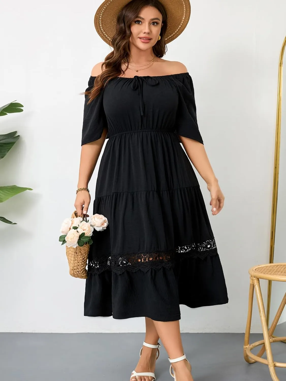 RWJ Women's Plus Size Maxi Dress Short Sleeve Square Neck Flowy A-Line Lace Trim Flutter Party Casual Off Shoulder Dresses