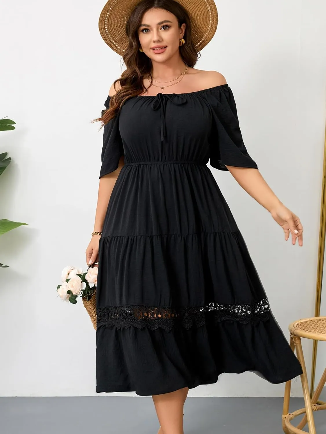 RWJ Women's Plus Size Maxi Dress Short Sleeve Square Neck Flowy A-Line Lace Trim Flutter Party Casual Off Shoulder Dresses