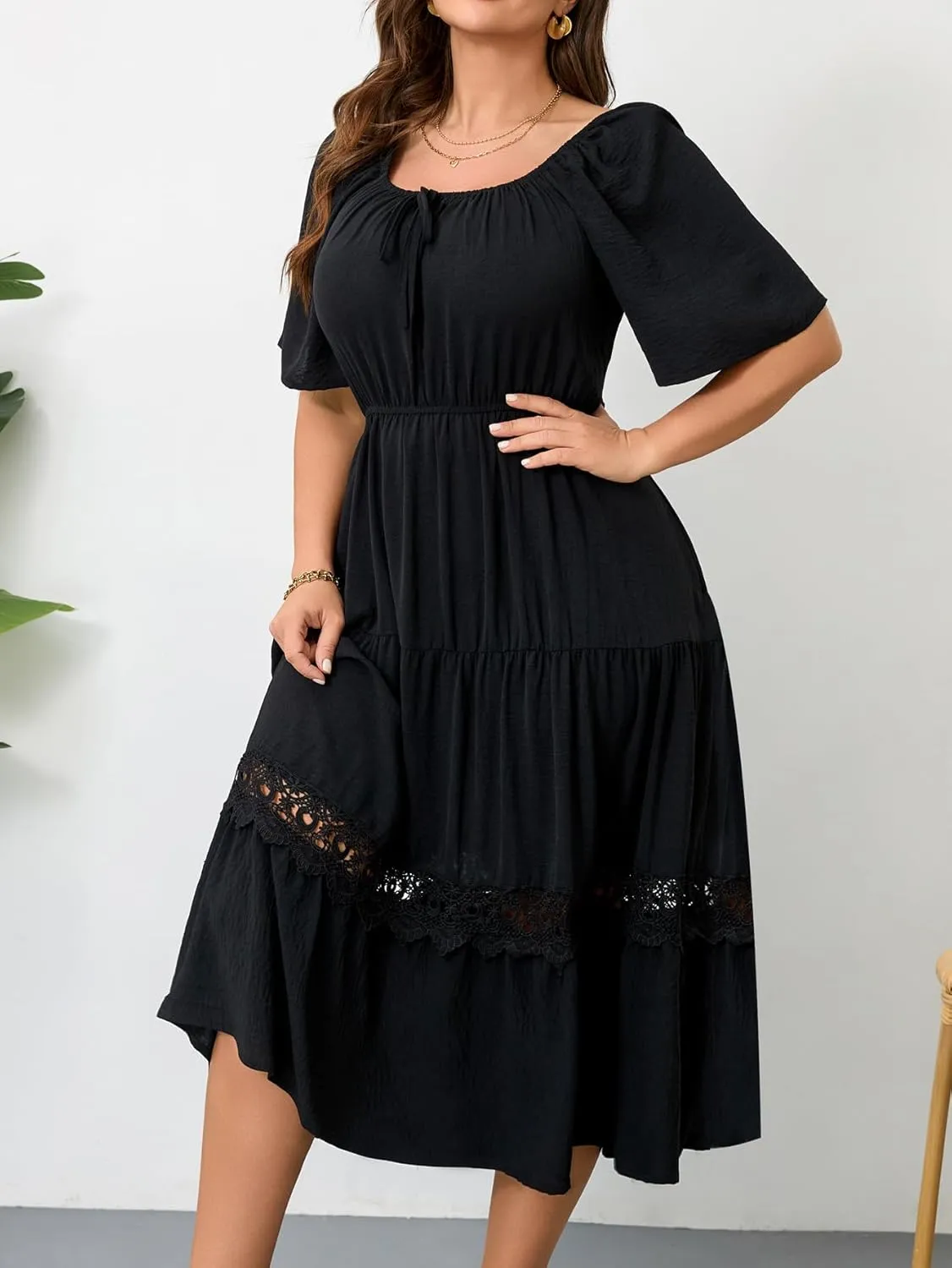 RWJ Women's Plus Size Maxi Dress Short Sleeve Square Neck Flowy A-Line Lace Trim Flutter Party Casual Off Shoulder Dresses