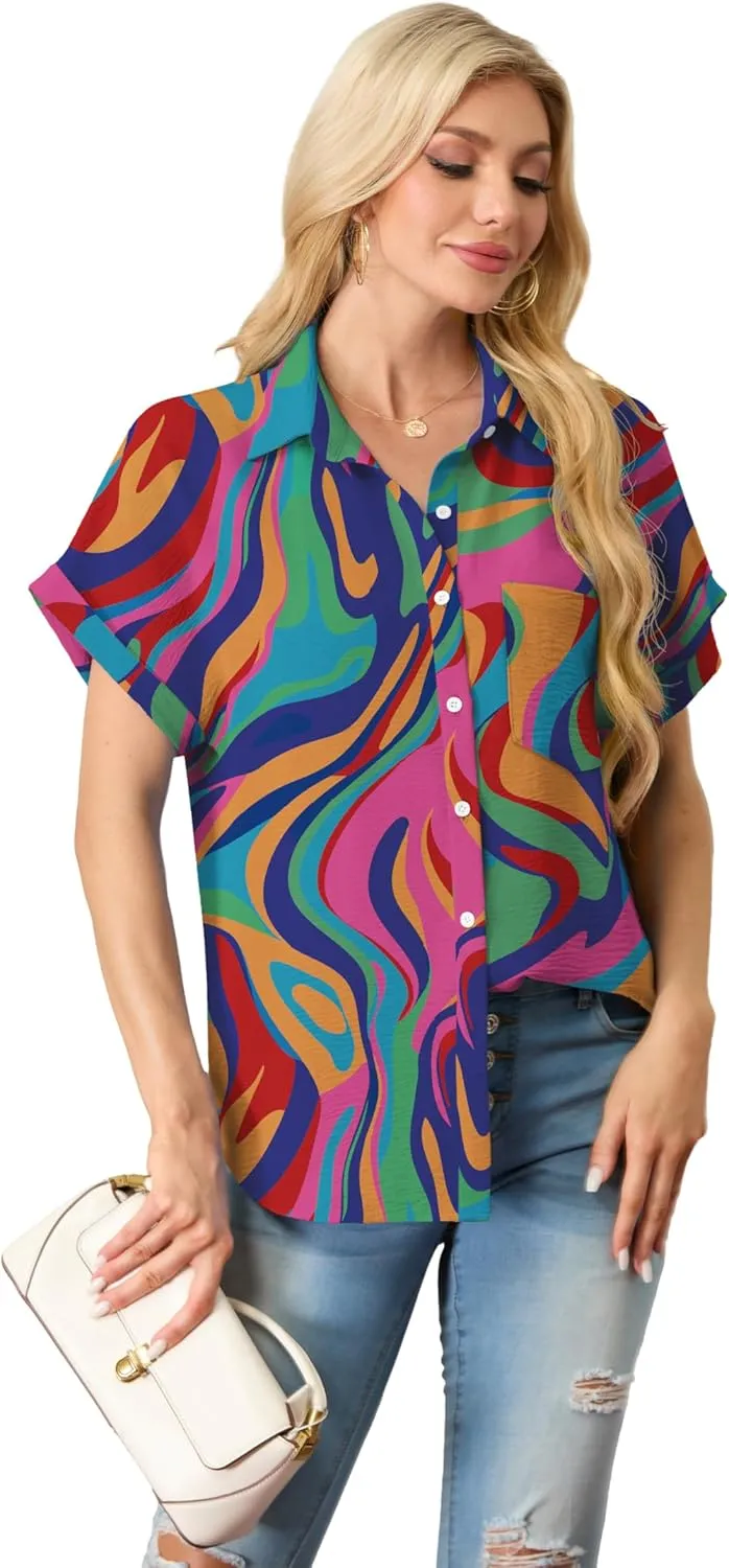 Short Sleeve Shirts for Women V Neck Loose Collared Button Down Shirt Casual Summer Tops with Pockets Beach Blouse